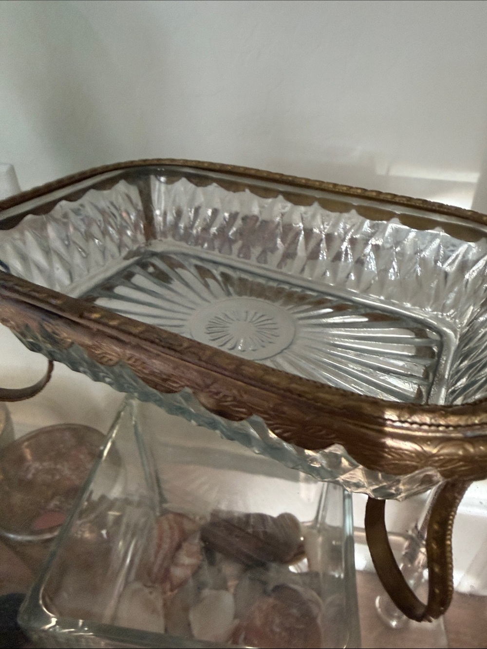 Vintage Glass Serving Dish with Brass-Tone Frame
